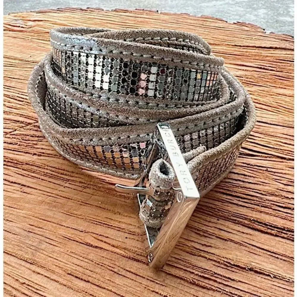 Tory Burch Leather Silver-Toned Chainmail Mesh Belt Size Medium